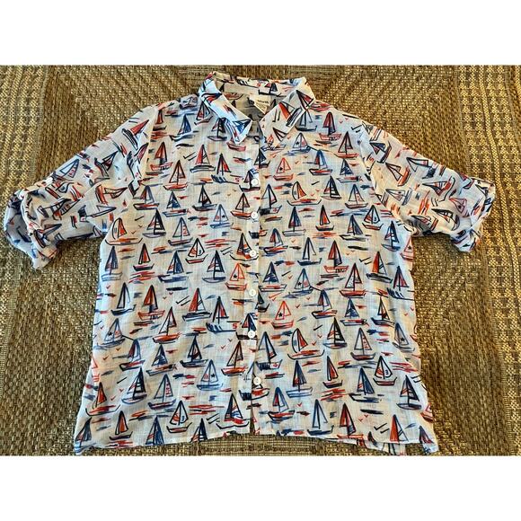 Bon Worth Red white blue sailing theme short sleeve blouse SZ Petite Large - Picture 1 of 8